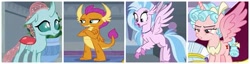 Size: 495x126 | Tagged: safe, imported from ponybooru, screencap, cozy glow, ocellus, silverstream, smolder, alicorn, changeling, dragon, school daze, the ending of the end, alicornified, cozy glow is not amused, female, female focus, quartet, race swap, royal guard, solo focus, spread wings, wings