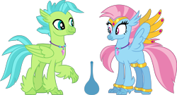 Size: 5742x3112 | Tagged: safe, artist:ethanjacobsyrosca, imported from derpibooru, oc, oc only, oc:bottlegriff, oc:wishgriff, classical hippogriff, genie, hippogriff, absurd resolution, bottle, bracelet, brother and sister, circlet, clothes, female, fraternal twins, hippogriff oc, jewelry, leggings, male, siblings, simple background, transparent background, vector, wing jewelry