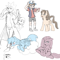 Size: 2500x2500 | Tagged: safe, artist:crade, pinkie pie, rainbow dash, earth pony, human, pegasus, pony, dipper pines, gravity falls, looking at you, mabel pines, morty smith, pinkamena diane pie, ponified, rick and morty, rick sanchez, sketch