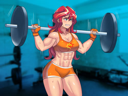 Size: 800x600 | Tagged: safe, artist:tzc, imported from derpibooru, sunset shimmer, equestria girls, abs, barbell, belly button, blushing, breasts, busty sunset shimmer, clothes, commission, female, fingerless gloves, gloves, grin, gritted teeth, gym, human coloration, muscles, muscular female, shorts, smiling, solo, sports bra, sports shorts, sunset lifter, sweat, weight lifting