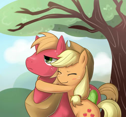 Size: 1500x1400 | Tagged: safe, artist:maren, imported from derpibooru, applejack, big macintosh, earth pony, pony, blushing, cute, hug, jackabetes, macabetes, male, siblings, stallion