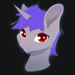 Size: 1024x1024 | Tagged: safe, artist:diamu wanderfolt, imported from derpibooru, oc, oc only, oc:enigan, unicorn, bust, looking at you, male, requested art, simple background, smiling, solo, stallion