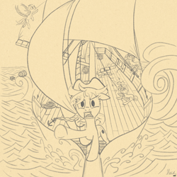 Size: 1000x1000 | Tagged: safe, artist:hotkinkajou, earth pony, pegasus, pony, unicorn, /mlp/, braided ponytail, digital art, drawthread, female, lineart, loose cannon, loose hair, mare, monochrome, ocean, pirate, rigging, sailship, ship, simple background, sloop, storm, wave