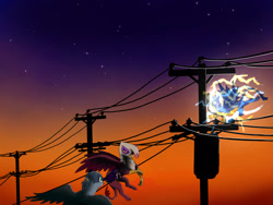 Size: 1333x1000 | Tagged: safe, artist:slamjam, imported from derpibooru, gabby, gallus, gilda, bird, griffon, raven (bird), worm, abuse, electrocution, female, gallabuse, male, power line, sunset, trio, wings