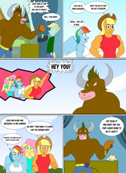 Size: 3054x4168 | Tagged: safe, artist:matchstickman, imported from derpibooru, applejack, fluttershy, rainbow dash, oc, anthro, earth pony, minotaur, pegasus, pony, comic:now i'm a jerk, abs, applejacked, armpits, belt, biceps, bread, breasts, busty applejack, busty rainbow dash, clothes, comic, commission, dialogue, earth pony oc, female, food, high res, male, mare, muscles, pecs, rainbuff dash, speech bubble, stallion