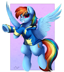 Size: 4000x4509 | Tagged: safe, artist:pridark, imported from derpibooru, imported from ponybooru, rainbow dash, pegasus, pony, absurd resolution, clothes, cutie mark, female, flying, hoodie, implied twilight sparkle, looking at you, mare, purple eyes, signature, simple background, smiling, solo