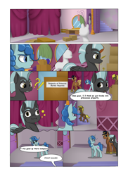 Size: 2904x4000 | Tagged: safe, artist:palibrik, imported from derpibooru, compass star, evening star, party favor, thunderlane, earth pony, pegasus, pony, unicorn, comic:securing a sentinel, abandoned, carousel boutique, comic, commissioner:bigonionbean, cutie mark, derp, dialogue, drunk, hat, male, offscreen character, ponyville, stallion, vomit, vomiting, writer:bigonionbean