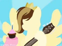 Size: 1024x768 | Tagged: safe, artist:rockhoppr3, imported from derpibooru, pinkie pie, oc, oc only, oc:prince whateverer, earth pony, pegasus, pony, candle, crown, cupcake, food, guitar, hoof hold, jewelry, musical instrument, regalia, silhouette, solo, spread wings, wings