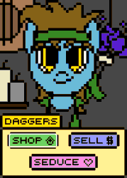 Size: 300x420 | Tagged: safe, artist:nukepony360, imported from derpibooru, part of a set, oc, oc only, oc:daggers, oc:nuclear fission, earth pony, animated, animated gif, gif, pixel animation, pixel art, simple background, smug
