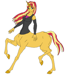Size: 754x866 | Tagged: safe, alternate version, artist:cdproductions66, artist:nypd, imported from derpibooru, sunset shimmer, centaur, monster girl, equestria girls, base used, breasts, busty sunset shimmer, centaur sunset, centaurified, clothes, detached sleeves, female, hooves, horn, human head, long hair, missing cutie mark, raised hooves, reasonably sized breasts, red hair, shirt, simple background, solo, transparent background, turquoise eyes, two toned hair, two toned tail, undershirt, unicorn horn, unitaur, vest
