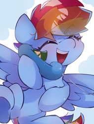 Size: 1926x2532 | Tagged: safe, artist:lexiedraw, imported from derpibooru, rainbow dash, pegasus, pony, blushing, chest fluff, cute, dashabetes, eyebrows, eyebrows visible through hair, eyes closed, female, high res, mare, phone, simple background, solo, spread wings, underhoof, wings