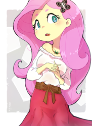 Size: 1379x1891 | Tagged: safe, artist:fuyugi, artist:nendo, imported from derpibooru, fluttershy, equestria girls, blushing, clothes, cute, digital art, dress, eyelashes, fangs, female, flesh fang, gown, jewelry, light skin, long hair, looking at you, looking forward, necklace, open mouth, pink hair, ribbon, shyabetes, signature, solo, standing, white pupils