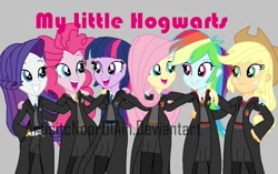 Size: 1014x636 | Tagged: safe, imported from derpibooru, applejack, fluttershy, pinkie pie, rainbow dash, rarity, sci-twi, twilight sparkle, equestria girls, gray background, gryffindor, harry potter, harry potter (series), hogwarts, hufflepuff, humane five, humane six, obtrusive watermark, ravenclaw, simple background, watermark