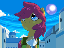 Size: 800x600 | Tagged: safe, artist:rangelost, imported from derpibooru, oc, oc only, oc:trailblazer, earth pony, pony, cyoa:d20 pony, armor, backlighting, bag, female, lens flare, mare, outdoors, pixel art, saddle bag, sky, sun, town