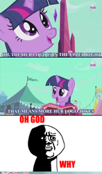 Size: 500x850 | Tagged: safe, edit, edited screencap, imported from derpibooru, screencap, twilight sparkle, pony, season 3, the crystal empire, hub logo, meme, my little brony, television logo joke, why