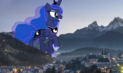 Size: 4500x2700 | Tagged: safe, artist:dashiesparkle edit, artist:theotterpony, imported from derpibooru, princess luna, alicorn, pony, city, cute, female, giant pony, giantess, grin, high res, highrise ponies, irl, lunabetes, macro, mare, mountain, photo, ponies in real life, raised hoof, smiling, solo, story included