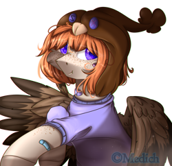 Size: 2488x2410 | Tagged: safe, artist:mediasmile666, imported from derpibooru, oc, oc only, pegasus, pony, bandage, bust, clothes, female, freckles, hat, high res, mare, simple background, solo, spread wings, sweater, transparent background, wings