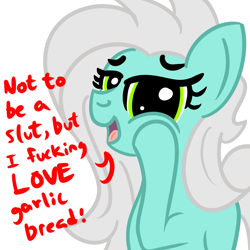 Size: 1200x1200 | Tagged: safe, artist:dafiltafish, imported from derpibooru, oc, oc only, oc:goosey, earth pony, pony, female, garlic bread, mare, red text, simple background, solo, text, vulgar, white background