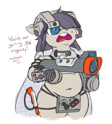 Size: 495x551 | Tagged: safe, artist:jargon scott, imported from derpibooru, oc, oc only, oc:dot matrix, earth pony, pony, angry video game nerd, belly button, bipedal, chubby, controller, female, hair over one eye, joystick, konami laser scope, mare, nerd, nes advantage, nintendo super scope, nintendo zapper, power glove, power pad, simple background, solo, super scope, white background