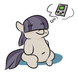 Size: 349x328 | Tagged: safe, artist:jargon scott, imported from derpibooru, oc, oc only, oc:dot matrix, earth pony, pony, belly button, chubby, eyebrows, eyebrows visible through hair, female, game boy, hair over eyes, mare, mole, sitting, solo, thought bubble