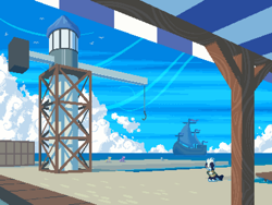 Size: 800x600 | Tagged: safe, artist:rangelost, imported from derpibooru, oc, oc only, oc:snap (rangelost), pony, cyoa:d20 pony, cloud, outdoors, pier, pixel art, port, ship, sky