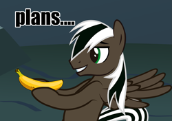 Size: 1099x775 | Tagged: safe, artist:spectty, imported from derpibooru, oc, oc:spectty, pegasus, ask, banana, caption, food, image macro, pegasus oc, smiling, striped tail, text, tumblr, two toned mane, wings