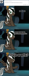 Size: 1280x3312 | Tagged: safe, artist:spectty, imported from derpibooru, oc, oc:spectty, pegasus, ask, caption, image macro, pegasus oc, puzzled, shocked, sitting, striped tail, surprised, text, tumblr, two toned mane, wings