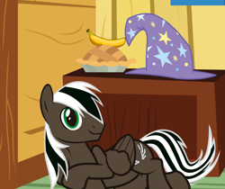 Size: 1280x1076 | Tagged: safe, artist:spectty, imported from derpibooru, oc, oc:spectty, pegasus, ask, banana, caption, clothes, draw me like one of your french girls, food, hat, image macro, looking at you, lying, lying down, lying on the ground, pegasus oc, pie, smiling, striped tail, text, trixie's hat, tumblr, two toned mane, wings