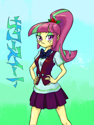 Size: 1668x2224 | Tagged: safe, artist:xjleiu, imported from derpibooru, sour sweet, equestria girls, friendship games, clothes, crystal prep academy uniform, female, gradient background, katakana, school uniform, solo