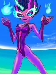 Size: 756x1010 | Tagged: safe, artist:xjleiu, imported from derpibooru, sci-twi, twilight sparkle, equestria girls, breasts, busty sci-twi, clothes, female, leotard, magic, midnight sparkle, ocean, one-piece swimsuit, solo, swimsuit, wingless