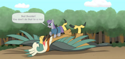 Size: 4242x1995 | Tagged: safe, alternate version, artist:malte279, imported from derpibooru, part of a set, maud pie, bird, roc, boulder, comic, everfree forest, pun, rock, rukh