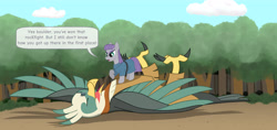 Size: 4242x1995 | Tagged: safe, alternate version, artist:malte279, imported from derpibooru, part of a set, maud pie, bird, roc, boulder, comic, everfree forest, pun, rock, rukh