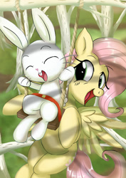 Size: 1024x1449 | Tagged: safe, artist:neoshrek, imported from derpibooru, angel bunny, fluttershy, pegasus, pony, rabbit, angelbetes, animal, cute, eyes closed, open mouth, open smile, playing, shyabetes, smiling, swing