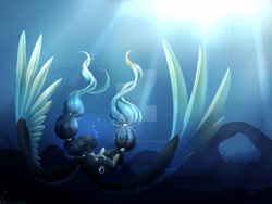 Size: 1280x960 | Tagged: safe, artist:katiefrog217, imported from derpibooru, oc, oc only, fish, pegasus, pony, bubble, crepuscular rays, deviantart watermark, flowing mane, large wings, obtrusive watermark, ocean, signature, solo, sunlight, underwater, water, watermark, wings