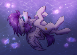 Size: 2366x1690 | Tagged: safe, artist:norra, imported from derpibooru, oc, oc only, pegasus, pony, blue eyes, bubble, commission, crepuscular rays, digital art, glowing eyes, looking up, ocean, purple mane, solo, underwater, water, wings, ych result, your character here