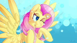 Size: 1280x720 | Tagged: safe, artist:michinix, imported from derpibooru, fluttershy, pegasus, pony, blue eyes, bubble, crepuscular rays, female, ocean, one eye closed, open mouth, pink mane, signature, smiling, solo, spread wings, sunlight, underwater, water, watershy, wings, wink