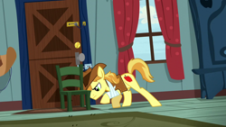 Size: 1920x1080 | Tagged: safe, imported from derpibooru, screencap, braeburn, earth pony, pony, appleoosa's most wanted, chair, door, male, pushing, solo, stallion