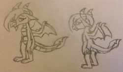 Size: 3038x1788 | Tagged: safe, artist:tarkan809, imported from derpibooru, ocellus, changeling, dragon, back pose, disguise, disguised changeling, dragon ocellus, monochrome, pencil drawing, solo, traditional art, wings