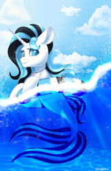 Size: 1448x2222 | Tagged: safe, alternate version, artist:wicked-red-art, imported from derpibooru, oc, oc only, pony, seapony (g4), unicorn, alternate character, blue eyes, cloud, commission, crepuscular rays, dorsal fin, fish tail, flowing tail, freckles, jewelry, looking at you, necklace, ocean, seaponified, sky, smiling, solo, species swap, sunlight, tail, underwater, water, ych result