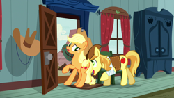 Size: 1920x1080 | Tagged: safe, imported from derpibooru, screencap, applejack, braeburn, earth pony, pony, appleoosa's most wanted, chair, door, female, male, mare, pushing, rump push, stallion