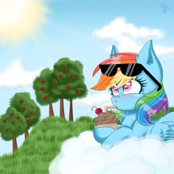 Size: 1509x1509 | Tagged: safe, artist:galaxy swirl, imported from derpibooru, rainbow dash, pegasus, pony, apple, apple tree, cloud, drinking straw, food, solo, sunglasses, tree