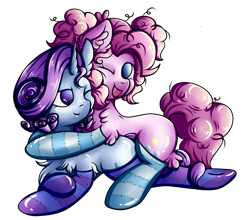 Size: 2757x2422 | Tagged: safe, artist:coco-drillo, imported from derpibooru, pinkie pie, rarity, earth pony, pony, unicorn, alternate hairstyle, bedroom eyes, chest fluff, clothes, commission, crossed hooves, ear fluff, female, high res, hug, laughing, lesbian, lying down, one eye closed, pigtails, pinkity, raripie, shipping, simple background, smiling, socks, stockings, striped socks, thigh highs, transparent background, wink