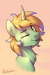 Size: 2000x3000 | Tagged: safe, artist:jedayskayvoker, imported from derpibooru, oc, oc only, oc:hoping light, pony, unicorn, bust, colored, colored sketch, full color, high res, icon, licking, looking at you, male, one eye closed, portrait, sketch, solo, tongue out, wink, winking at you