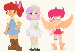 Size: 2420x1691 | Tagged: safe, artist:charrlll, imported from derpibooru, apple bloom, scootaloo, sweetie belle, human, alternate hairstyle, apple bloom's bow, bandaid, beauty mark, belly button, blushing, boots, bow, clothes, converse, cowboy boots, cutie mark crusaders, denim dress, dress, elf ears, female, flats, freckles, glowing horn, hair bow, horn, horned humanization, humanized, magic, midriff, overalls, shirt, shoes, shorts, simple background, skirt, socks, sports bra, sports shorts, white background, winged humanization, wings, wristband