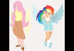 Size: 2360x1640 | Tagged: safe, artist:charrlll, imported from derpibooru, fluttershy, rainbow dash, human, alternate hairstyle, bedroom eyes, belly button, clothes, converse, duo, ear piercing, earring, female, flats, hair over one eye, hoodie, humanized, jewelry, midriff, piercing, ponytail, shoes, shorts, simple background, skirt, socks, sports bra, sports shorts, sweater, sweatershy, white background, winged humanization, wings