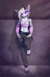 Size: 1941x3000 | Tagged: safe, artist:phenya, imported from derpibooru, oc, oc only, anthro, pony, robot, unguligrade anthro, belly button, cheek fluff, clothes, commission, ear fluff, eye clipping through hair, eyebrows, eyebrows visible through hair, female, floppy ears, high res, horns, leaning, leaning back, pants, phenya, phenyansfw, sfw, solo, unshorn fetlocks