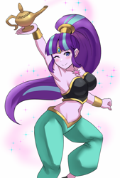 Size: 800x1186 | Tagged: safe, artist:tzc, imported from derpibooru, starlight glimmer, genie, human, equestria girls, alternate hairstyle, armpits, belly button, blushing, breasts, busty starlight glimmer, clothes, commission, cosplay, costume, cute, geniefied, glimmerbetes, humanized, looking at you, magic lamp, one eye closed, shantae, shantae (character), smiling, solo, wink