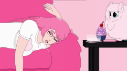 Size: 800x450 | Tagged: safe, artist:mixermike622, imported from derpibooru, oc, oc only, oc:fluffle puff, cat, human, animal, animated, cellphone, clothes, coffee table, couch, cupcake, falling, floof'n'friends, food, gif, glasses, humanized, implied queen chrysalis, looking at something, phone, plushie, running, sleeping, smartphone, solo, text, tired
