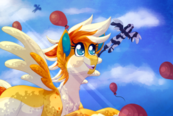 Size: 900x600 | Tagged: safe, artist:velnyx, imported from derpibooru, oc, oc:mourning glory, oc:papaya spritz, oc:rando silhouette, pegasus, pony, female, flying, mare, solo focus