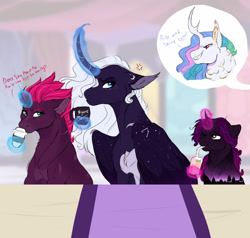 Size: 1280x1220 | Tagged: safe, artist:glorymoon, imported from derpibooru, princess celestia, princess luna, tempest shadow, oc, oc:aphrodite, pony, alternate design, coffee mug, curved horn, horn, magic, mug